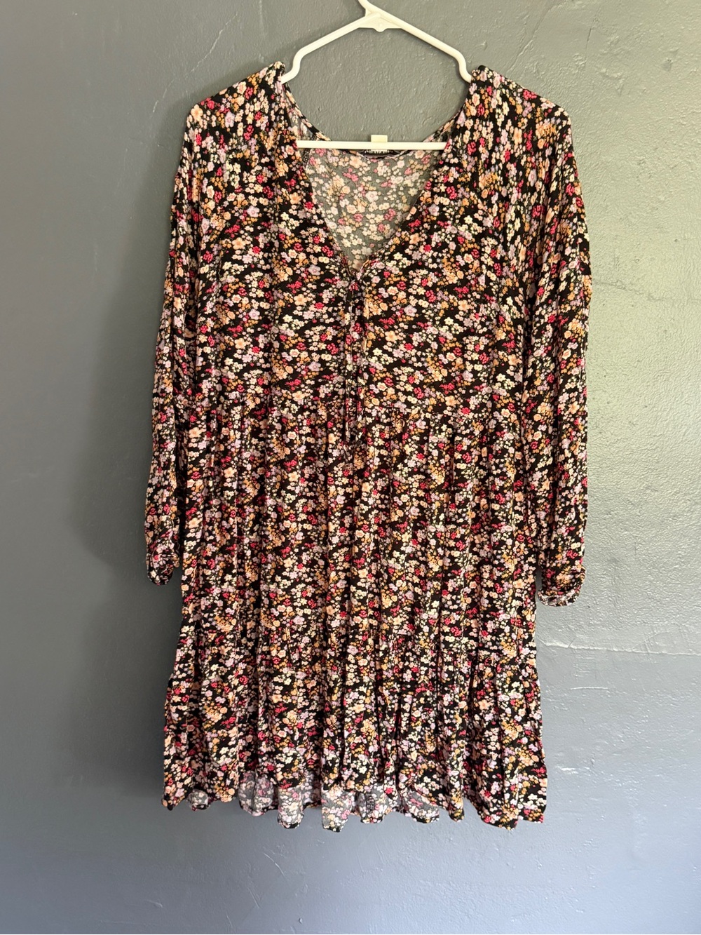 Floral V-Neck Tiered Women’s Dress in Black with Pink & Cream Flowers